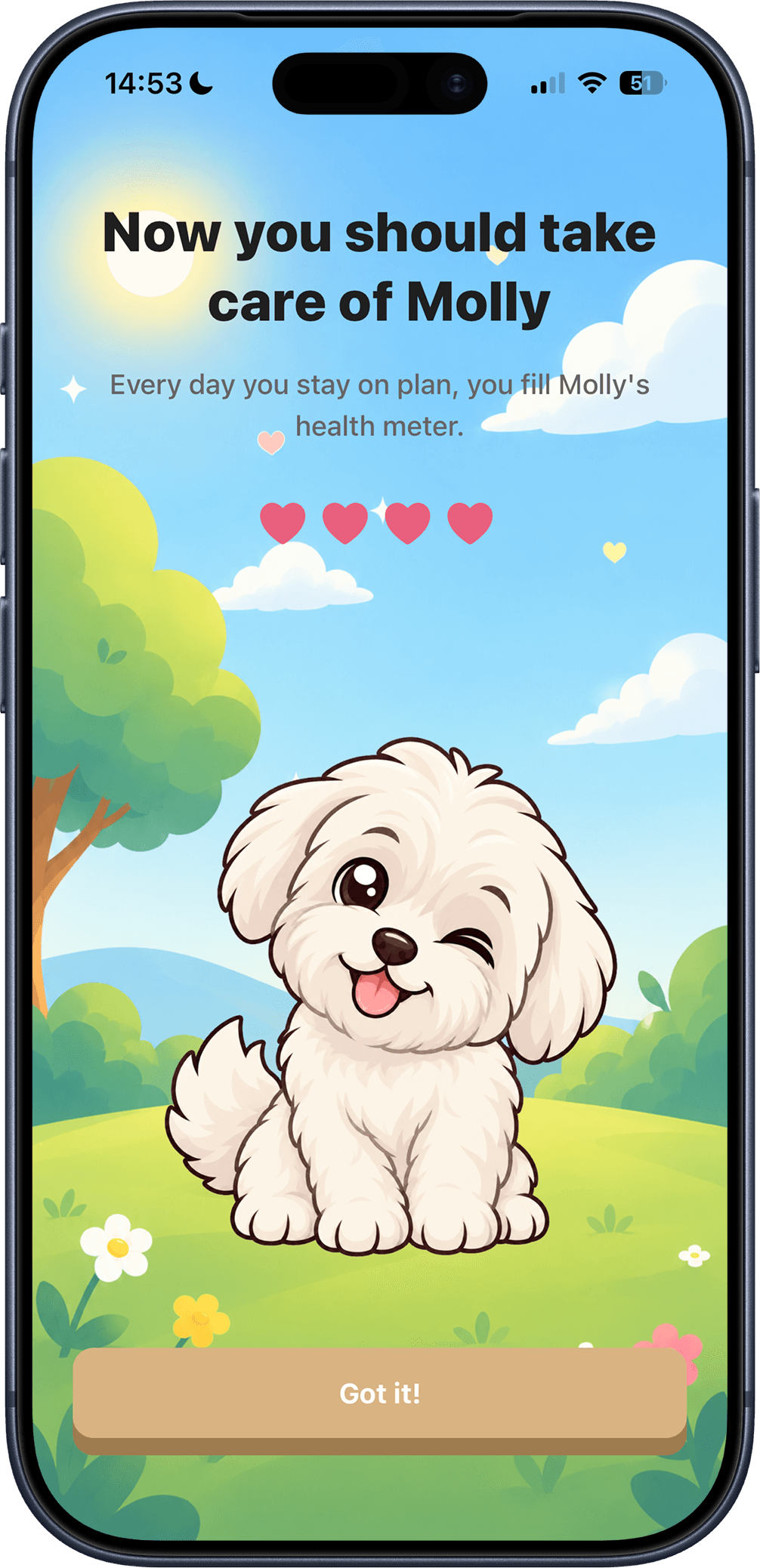 Molly the Oneless companion, a white dog sitting in a meadow with a health meter of hearts